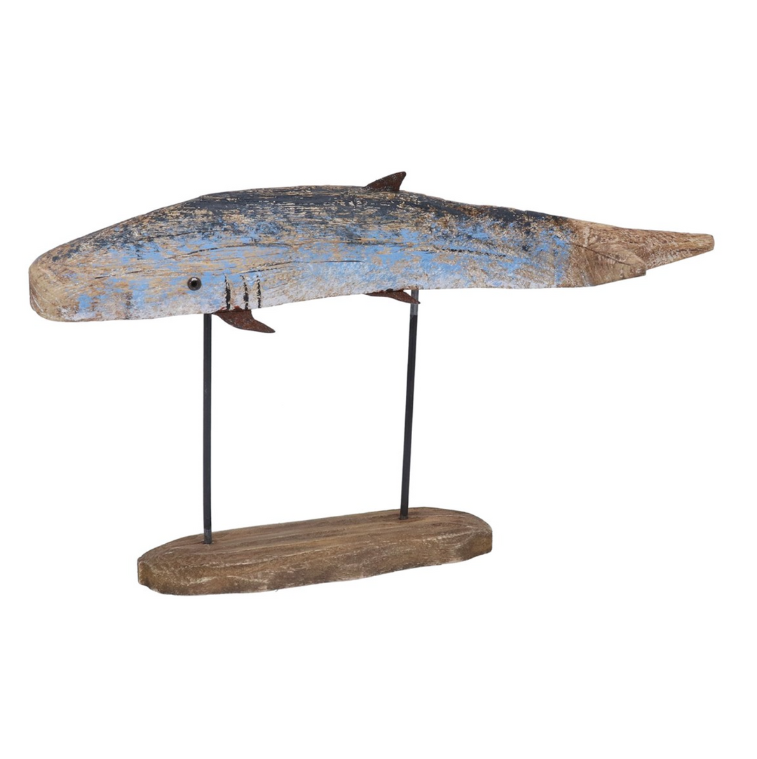 Rustic blue whale sculpture on wooden plinth by Gisela Graham, large decorative piece for coastal or nautical decor.