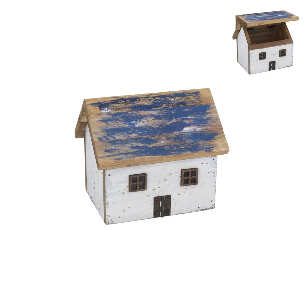 Rustic blue wooden cottage keepsake box by Gisela Graham, featuring detailed cottage design and vintage-inspired finish.