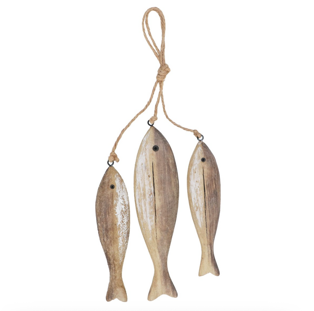 Rustic wood Sardines hanging decoration by Gisela Graham, featuring detailed fish design for coastal or nautical decor.