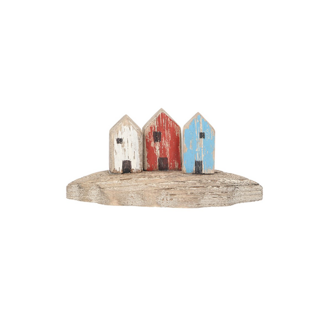 Mini wooden beach huts in a trio, crafted by Gisela Graham, featuring charming coastal design for home decor or collectibles.