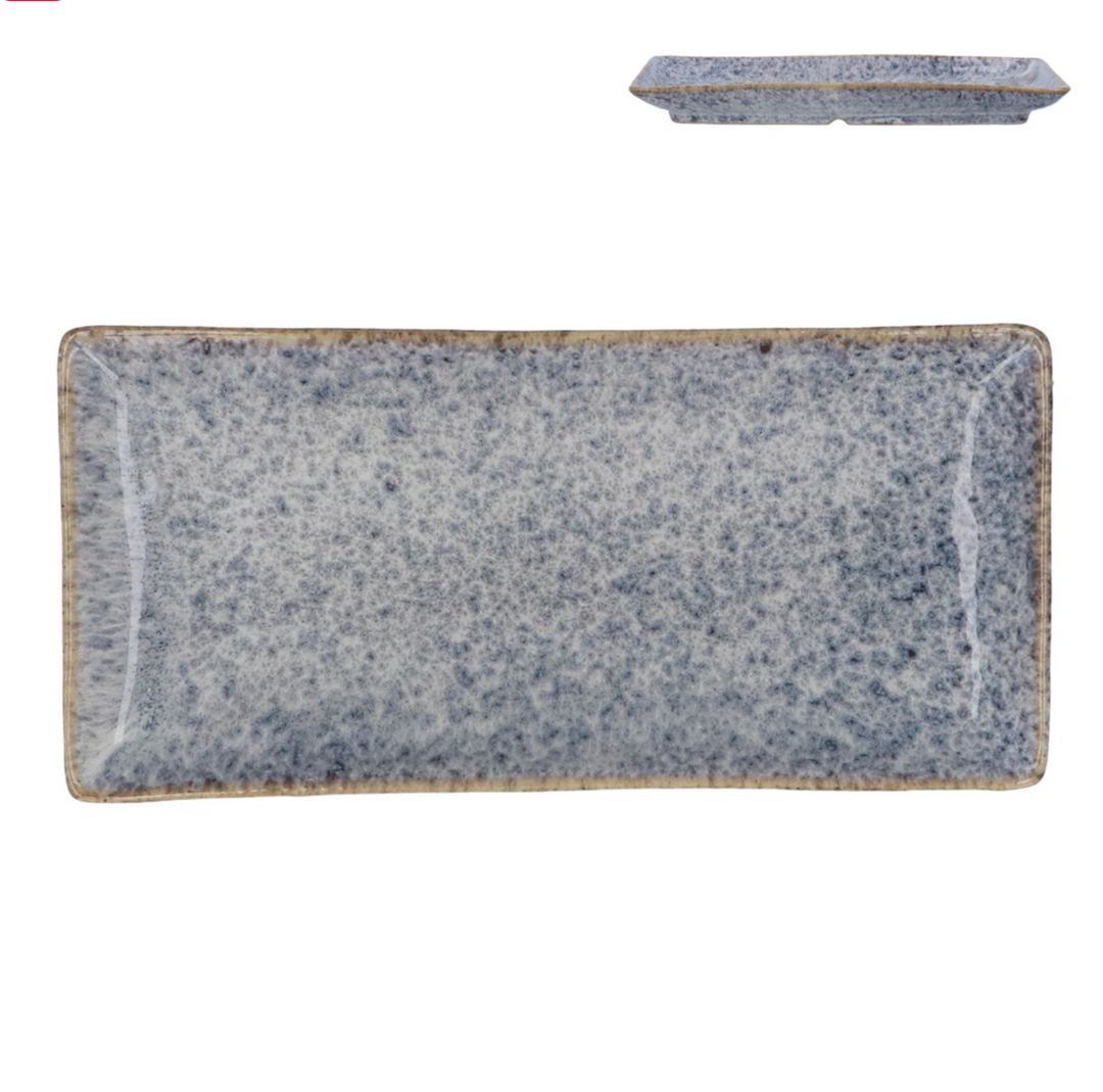 Blue speckled stoneware rectangle plate by Gisela Graham for Cornucopia Home and Gift, showing a textured ceramic surface.