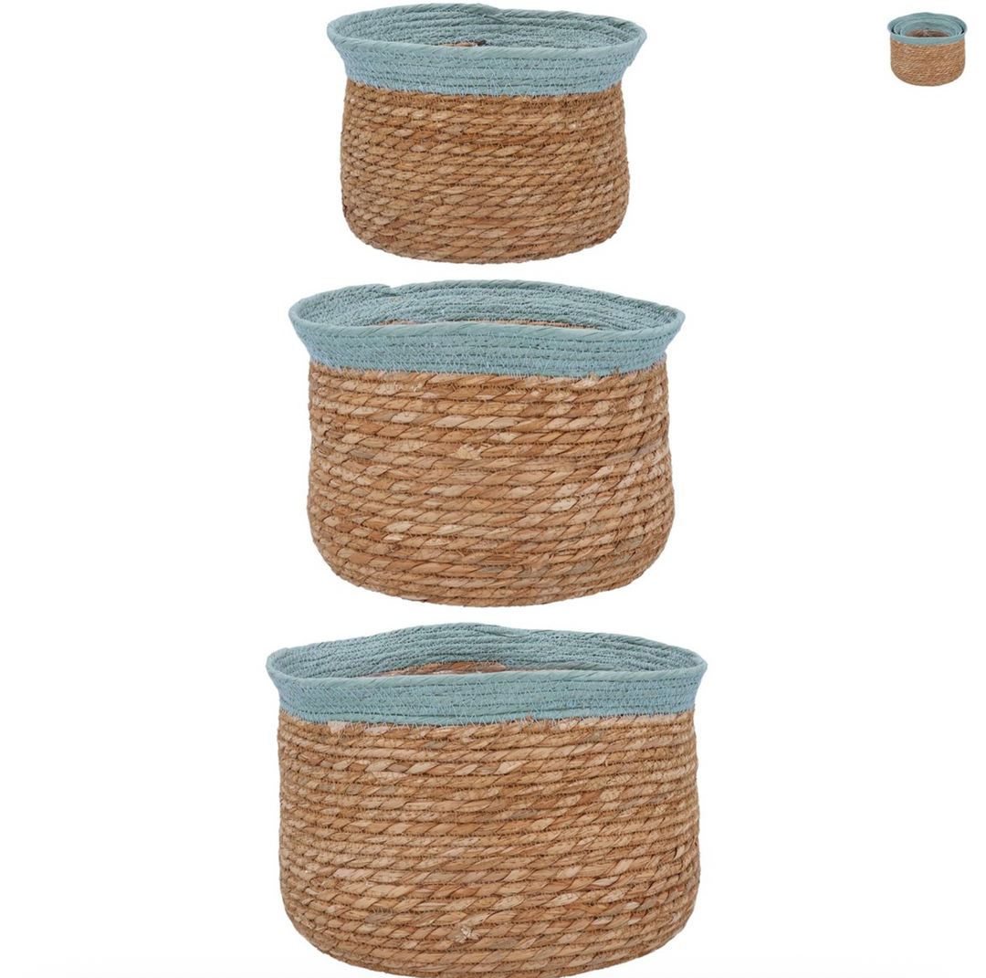 Set of three Gisela Graham woven tub baskets with natural lining and blue trim, ideal for storage and organization.