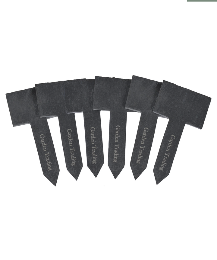Six slate green greenhouse tags from Garden Trading by Cornucopia Home and Gift, featuring natural stone appearance and engraved details.