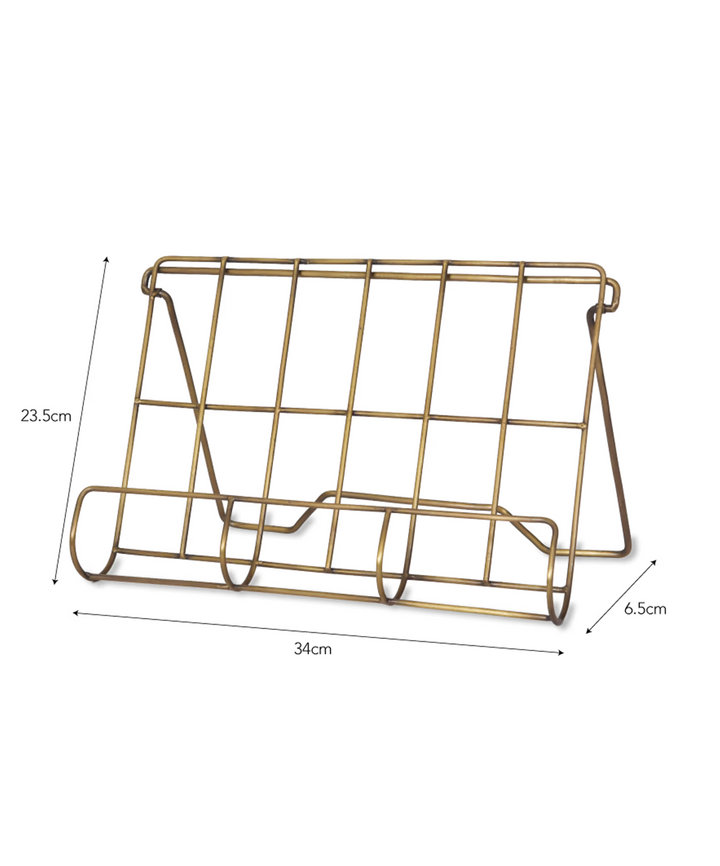 Garden Trading Brompton Cook Book Holder in antique brass with a sleek, vintage-style design for kitchen or dining use.