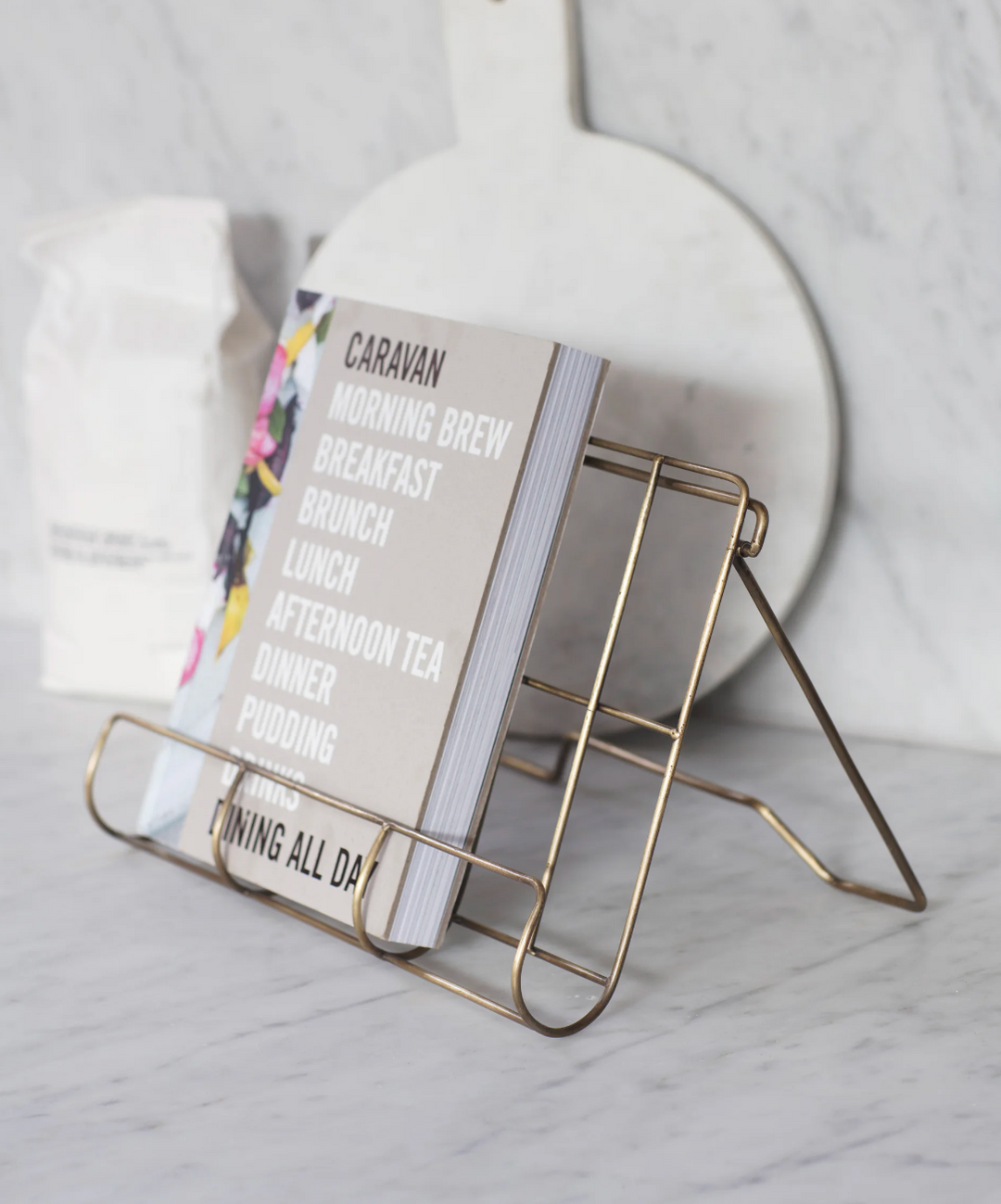 Garden Trading Brompton Cook Book Holder in antique brass with a classic design, perfect for kitchen or dining room use.