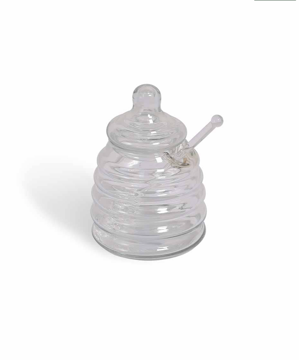 Glass honey pot with Murcot design by Garden Trading, featuring a clear glass body and decorative honey-themed details.
