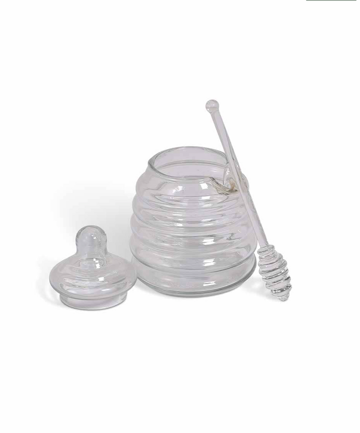 Glass Murcot Honey Pot by Garden Trading, showcasing a clear, decorative honey jar with a wooden lid, ideal for kitchen or garden decor.