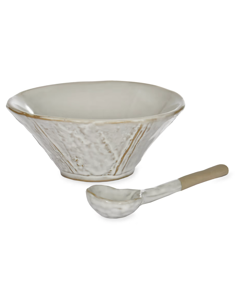 White Ithaca Meze Bowl with Spoon by Garden Trading, featuring a stylish ceramic bowl and matching spoon for serving appetizers or snacks.