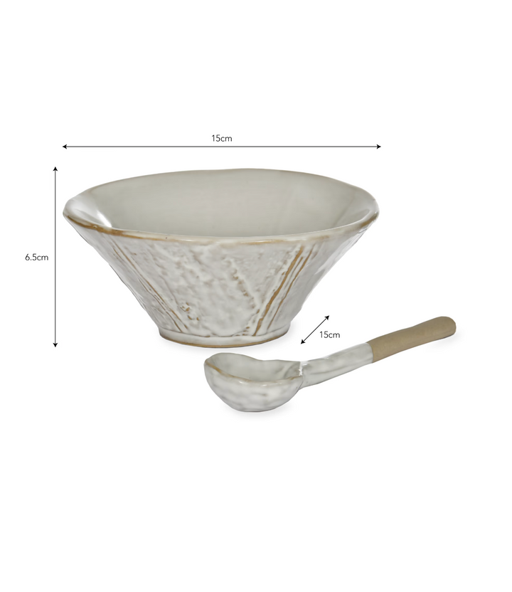 White Ithaca Meze Bowl with Spoon by Garden Trading, featuring a ceramic bowl with a matching spoon for serving small dishes.