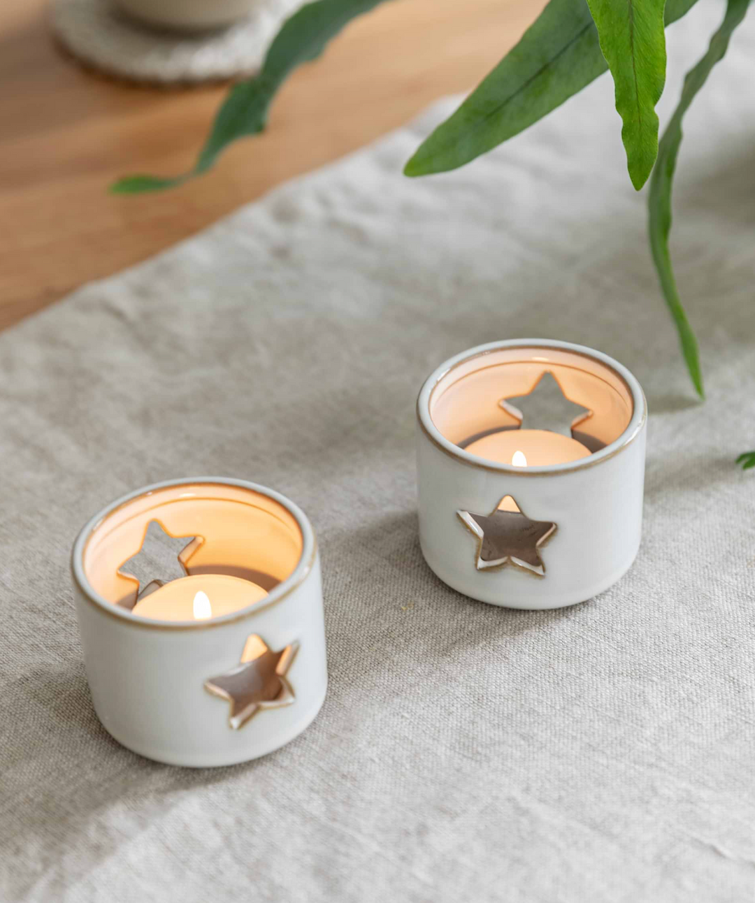 Set of two white Ithaca tealight holders by Garden Trading, perfect for creating cozy ambiance in home or garden decor.