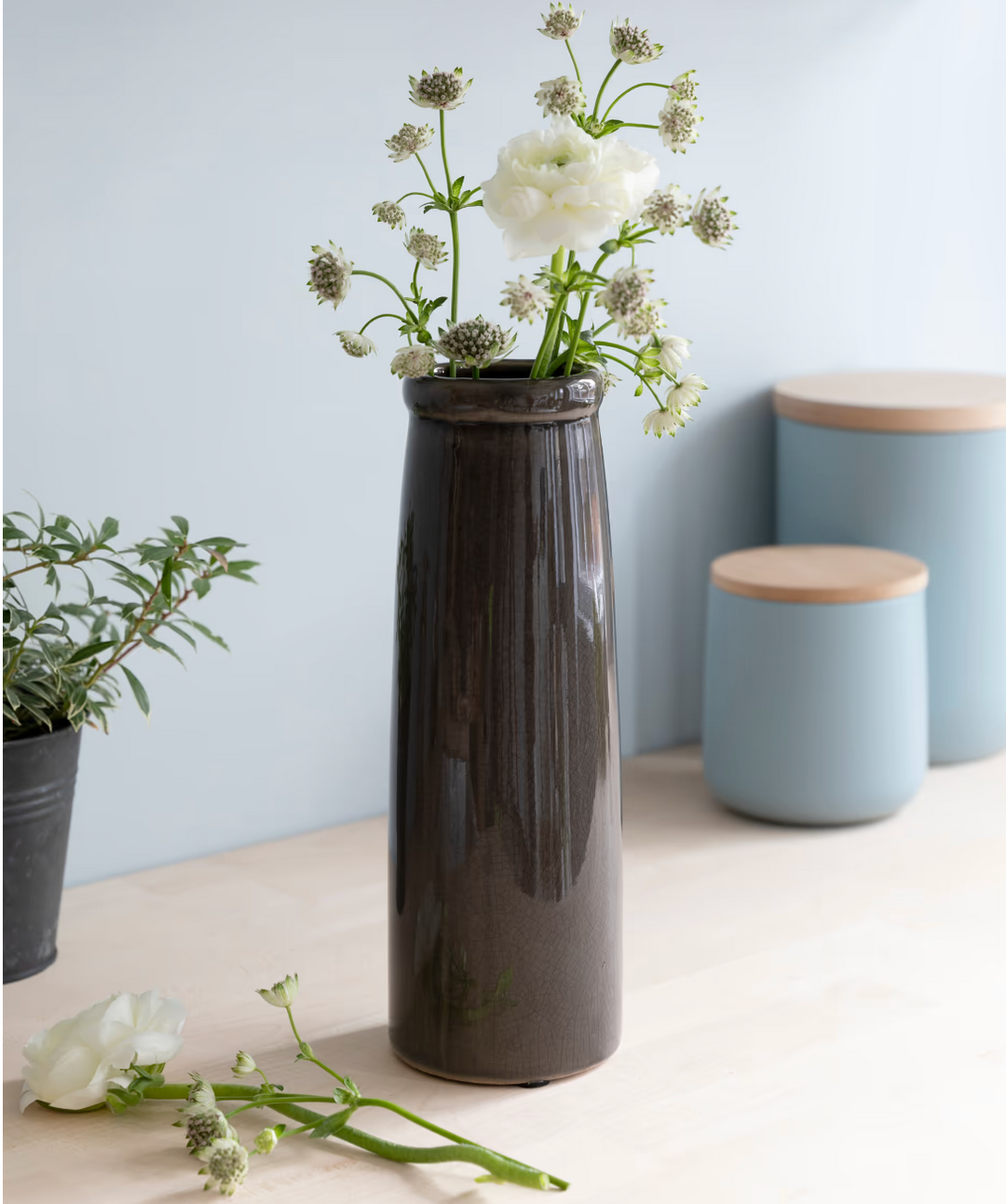 Charcoal Ravello Bottle Vase by Garden Trading, featuring a sleek, tall design perfect for floral arrangements or decorative display.