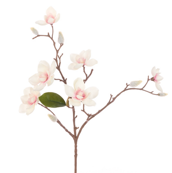 Faux Magnolia Spray Stem from Floralsilk by Cornucopia Home and Gift, featuring realistic white magnolia blossoms and green leaves.