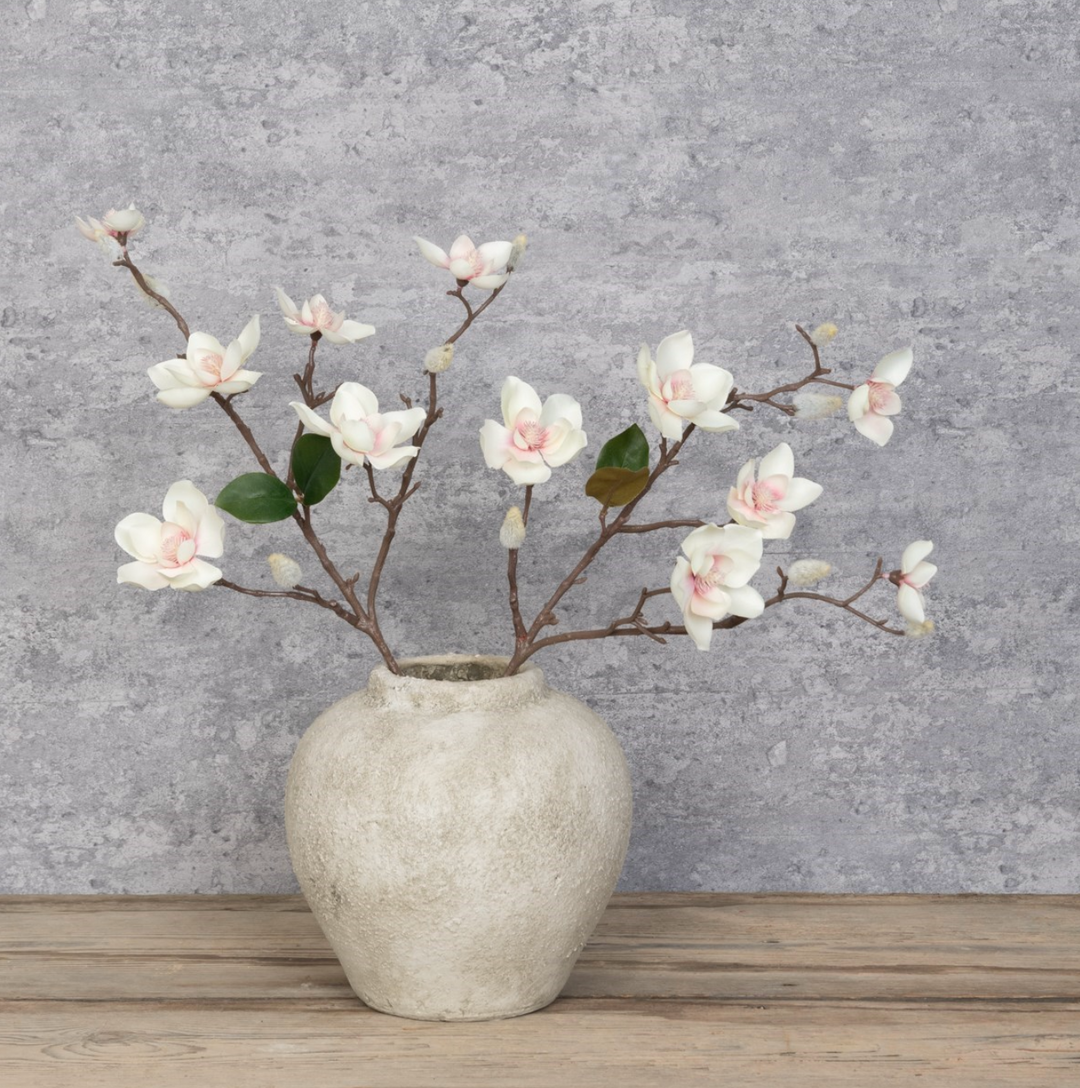 Faux Magnolia Spray Flower Stem by Floralsilk, realistic cream-colored magnolia blossoms on a green stem for home decor.