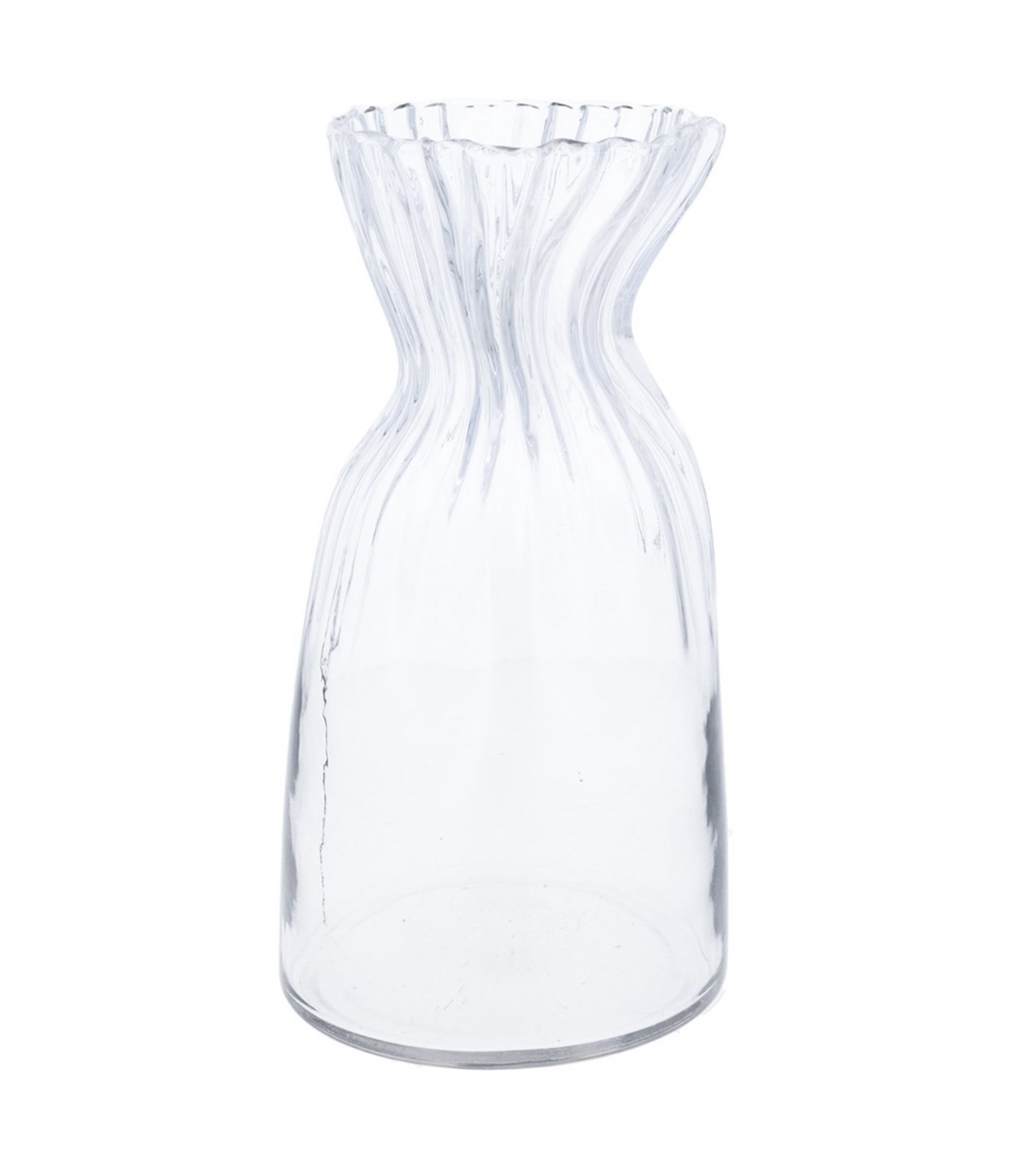 Clear glass scrunch vase by Gisela Graham featuring a small, textured, decorative design for floral arrangements.
