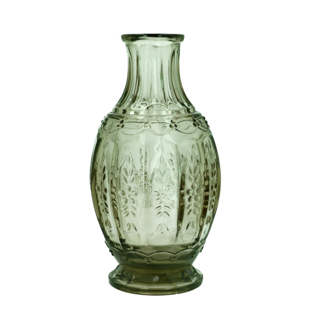 Green pressed glass carafe by Gisela Graham, featuring a smooth, elegant design for serving beverages.