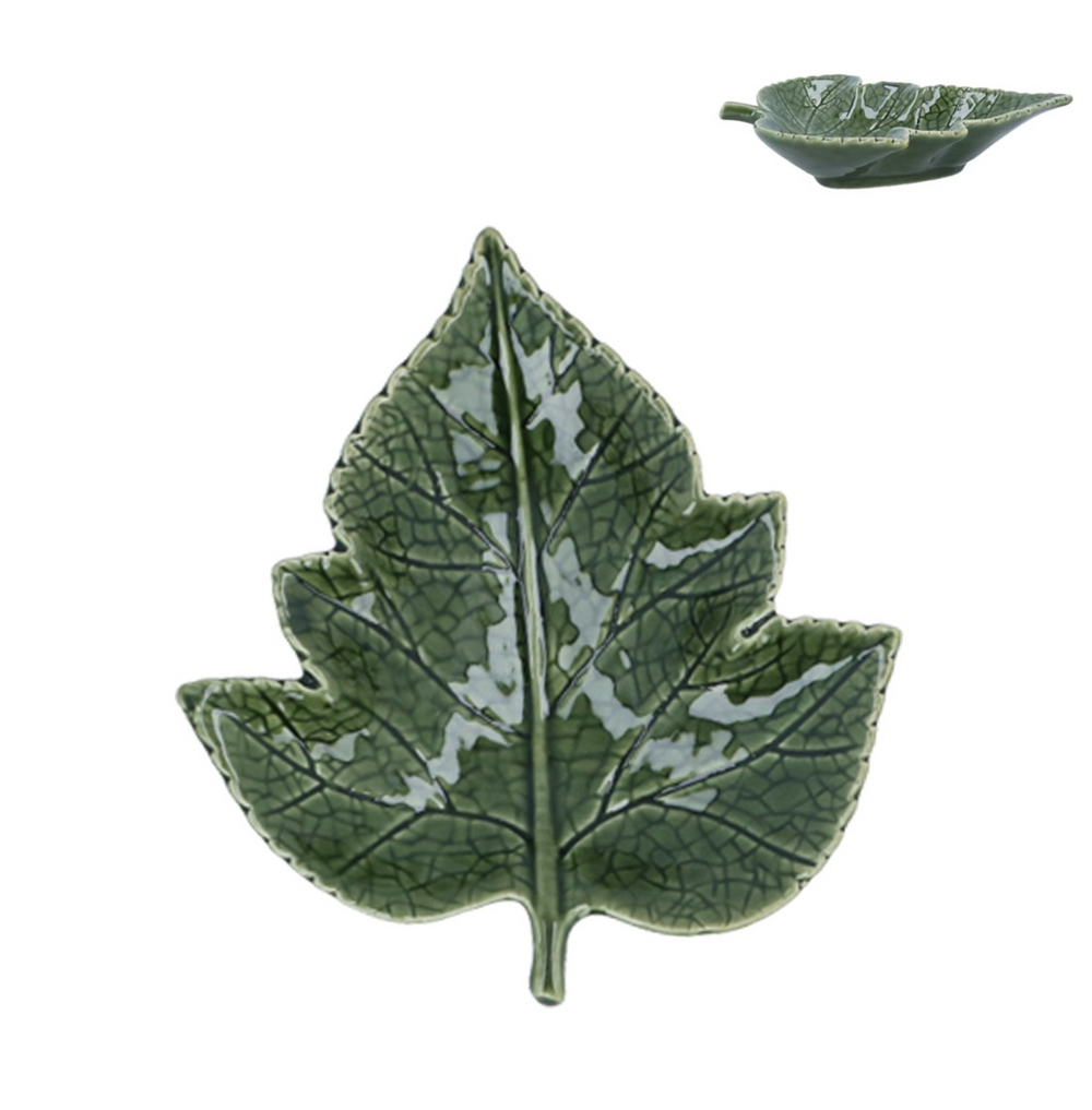 Gisela Graham green ceramic dish shaped like a grape leaf, small size, detailed leaf design, perfect for decorative or serving use