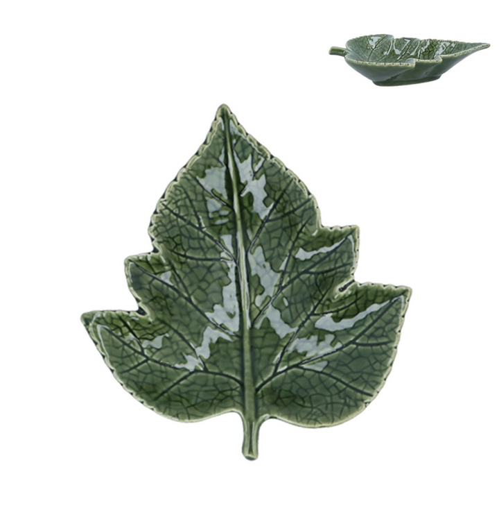 Gisela Graham green ceramic dish shaped like a grape leaf, small size, detailed leaf design, perfect for decorative or serving use