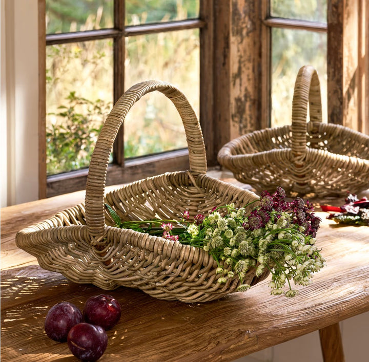 Large Bembridge Rattan Trug by Garden Trading, featuring woven rattan basket with handles for garden or storage use.