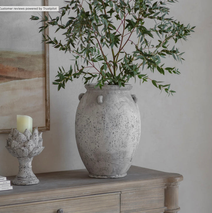 Cornucopia Home and Gift Avebury stone urn with handles, featuring a classic design suitable for decorative or outdoor use.