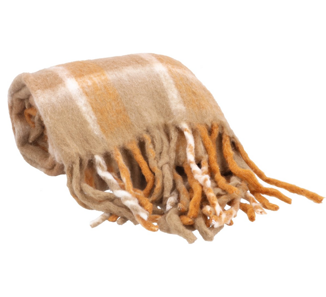 Terracotta checked tassel fringe cozy throw blanket from Gisela Graham Halloween collection, featuring tassels and warm textile design.