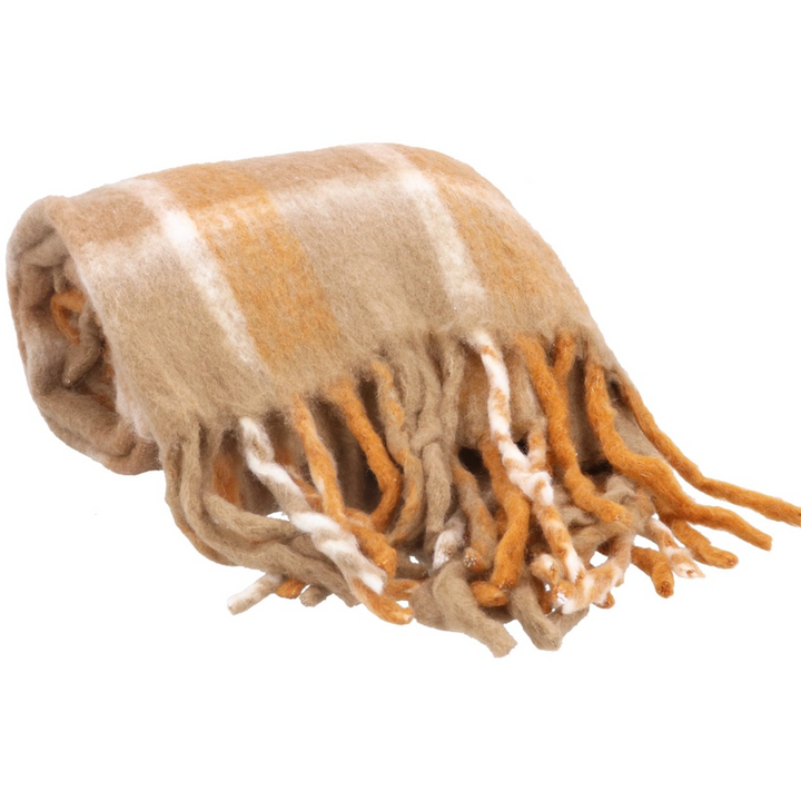 Terracotta checked tassel fringe cozy throw blanket from Gisela Graham Halloween collection, featuring tassels and warm textile design.