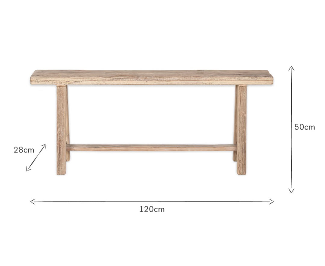 Nkuku Ibo long bench made of reclaimed wood, showcasing a rustic, handcrafted design with natural wood grain and sturdy construction.