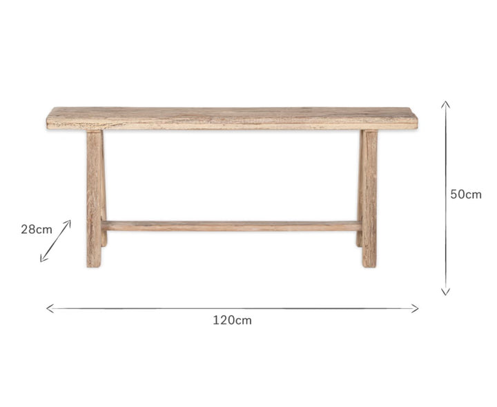 Nkuku Ibo long bench made of reclaimed wood, showcasing a rustic, handcrafted design with natural wood grain and sturdy construction.