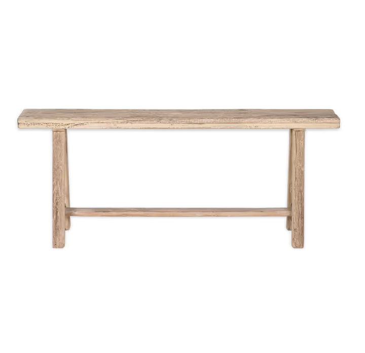 Nkuku Ibo Long Bench made from reclaimed wood, showcasing natural grain and rustic design for stylish, eco-friendly seating.