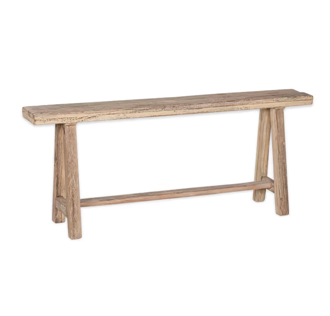 Nkuku Ibo Long Bench made of reclaimed wood, showing a sturdy, rustic wooden bench with a natural finish for home decor.