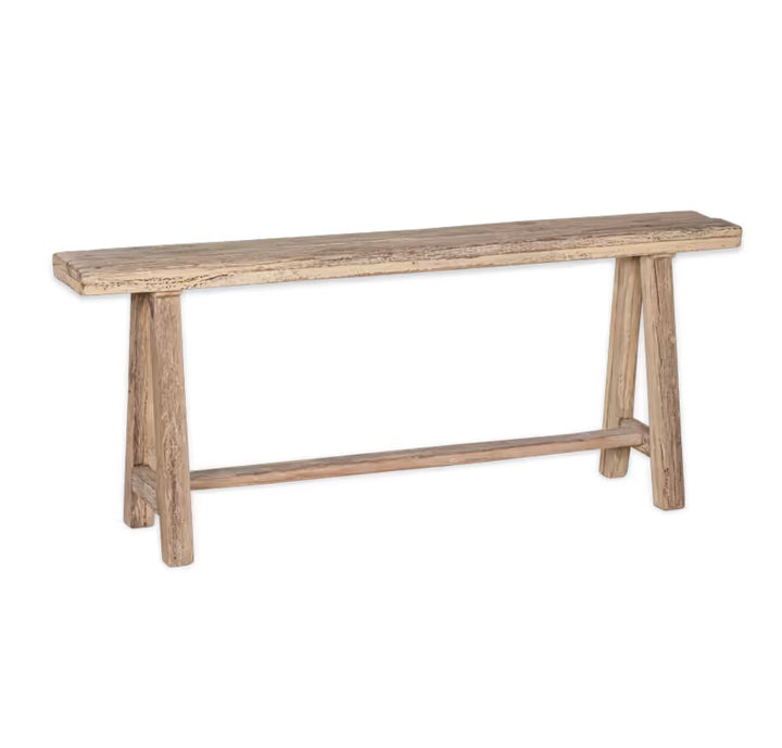 Nkuku Ibo Long Bench made of reclaimed wood, showing a sturdy, rustic wooden bench with a natural finish for home decor.