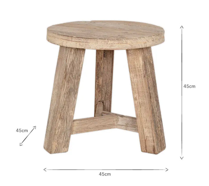 Nkuku Ibo reclaimed wood round side table in natural finish, showcasing rustic wood grain and sturdy design for living room decor.