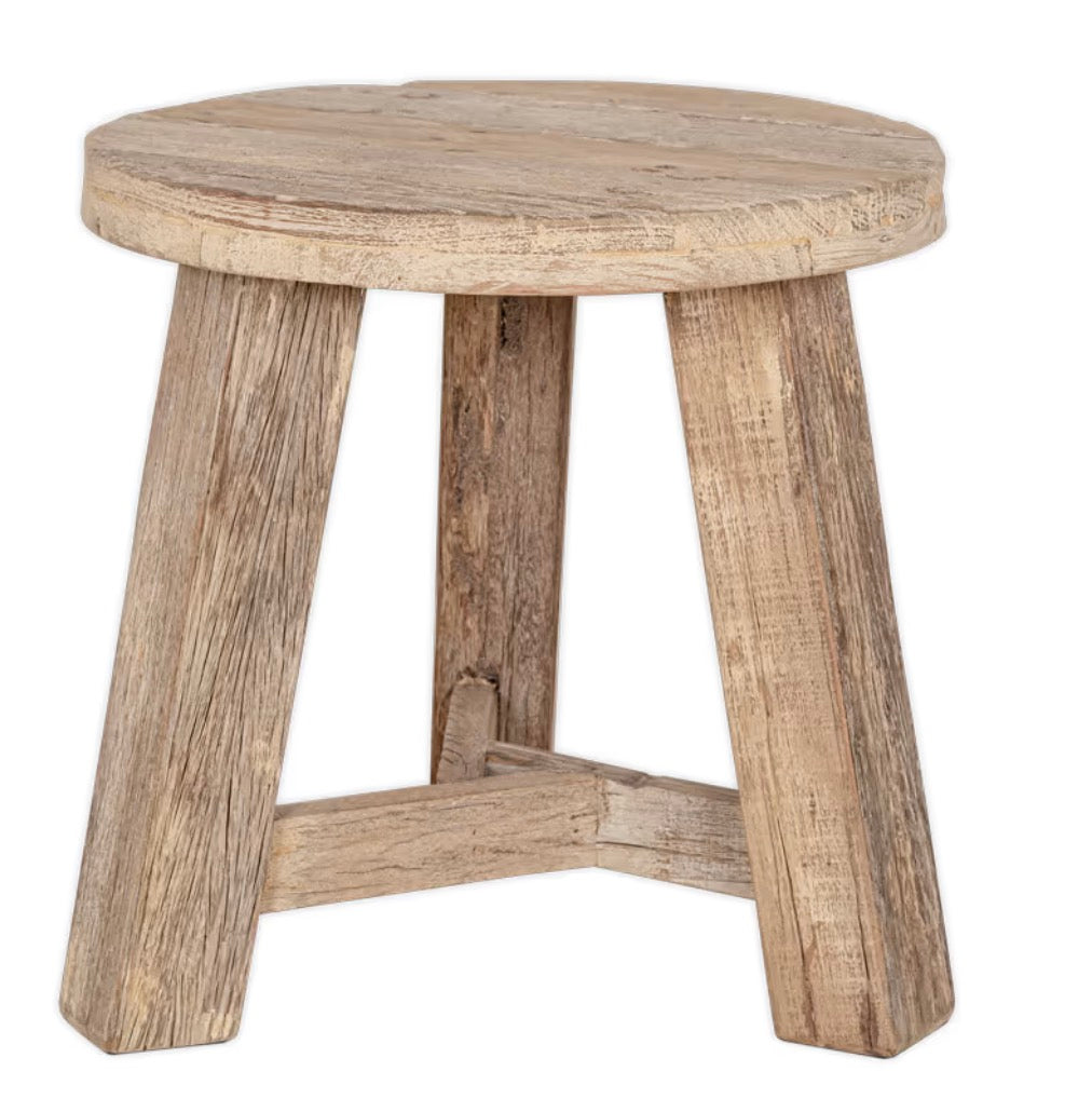 Nkuku Ibo reclaimed wood round side table in natural finish, showcasing its rustic, handcrafted design and smooth wooden surface.