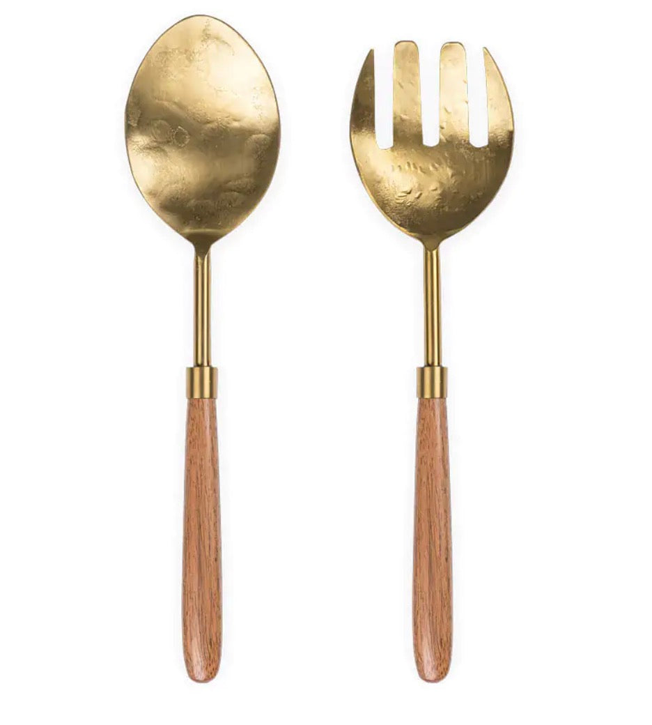 Nkuku Soni Salad Servers set with gold handles and acacia wood, featuring two elegant serving utensils for salads and appetizers.