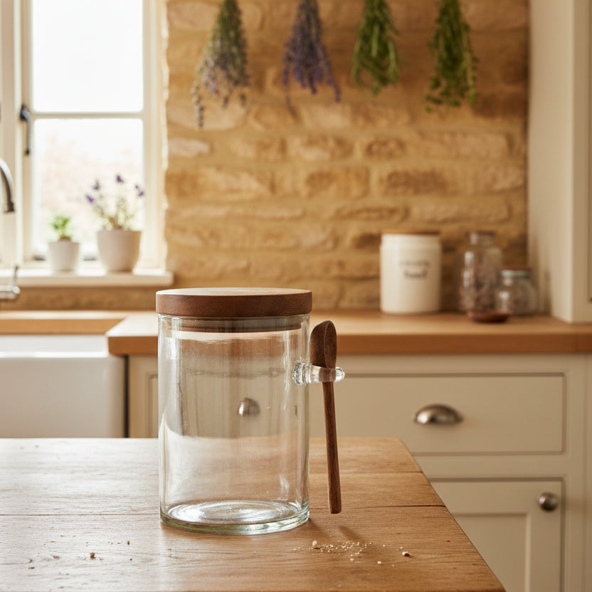 Clear glass jar with a round wooden lid and a small wooden spoon hanging from a metal ring on the side, shown on a plain white background.