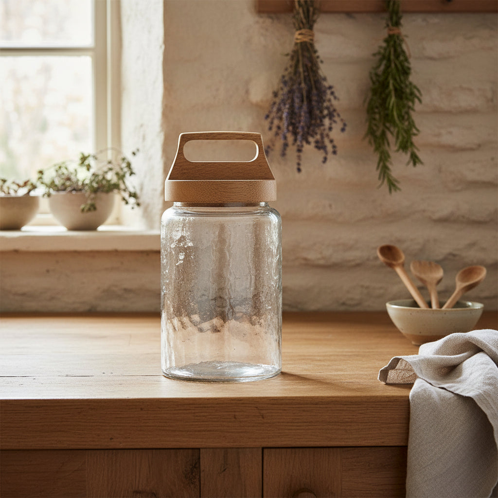 A clear glass jar with a textured finish and a light brown bamboo lid featuring a built-in carrying handle, shown on a plain white background.