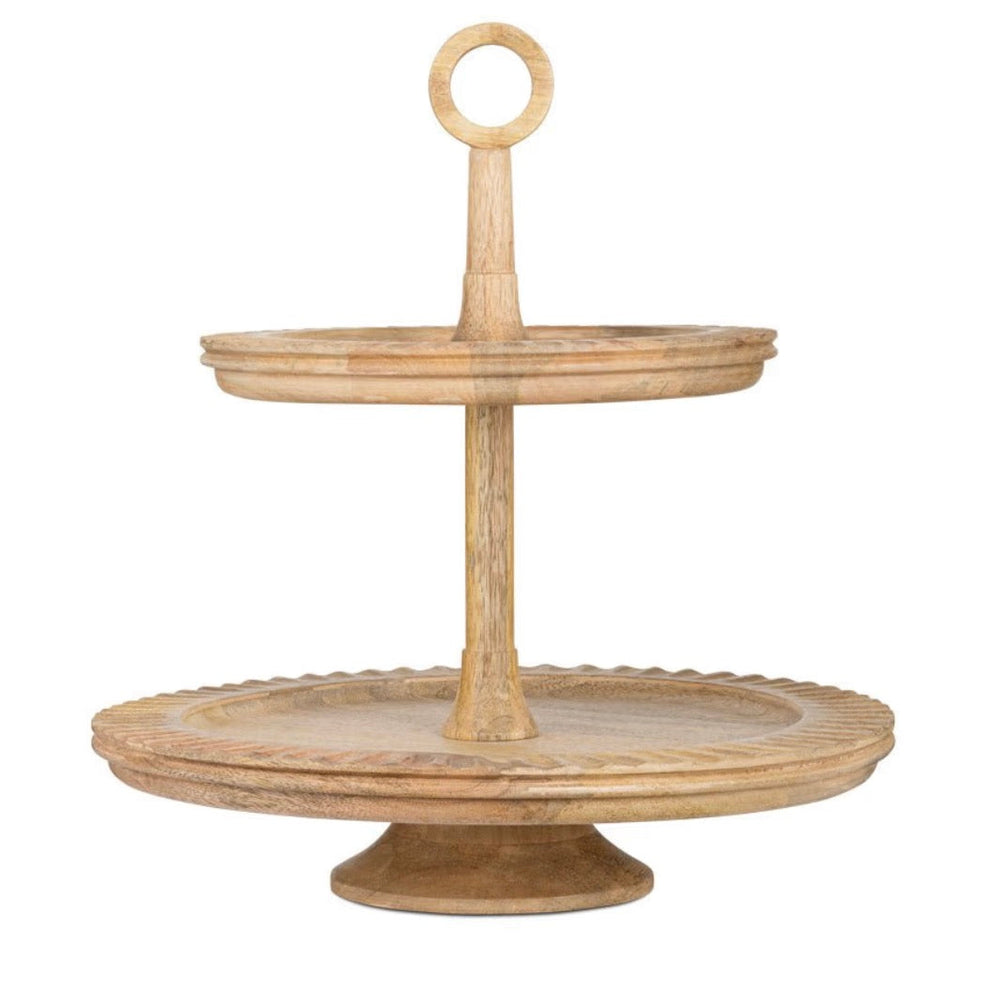 Nkuku Gavivi mango wood cake stand with a natural finish, perfect for serving desserts with rustic charm.