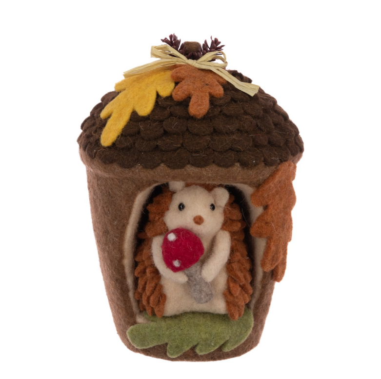 Felt acorn with hedgehog decorative floral accessory from Floralsilk Halloween 2025 by Cornucopia Home and Gift, detailed and colorful.