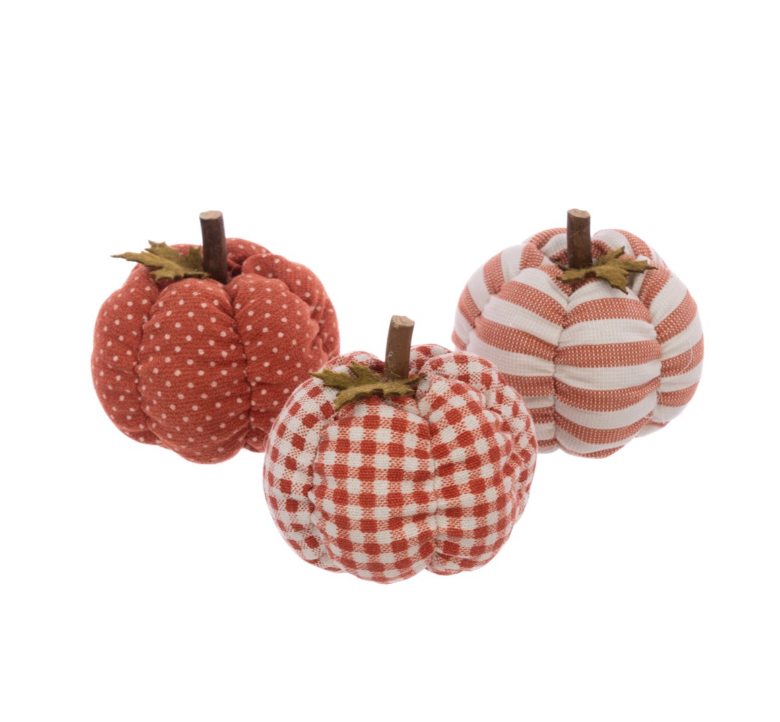 Three patterned fabric pumpkins from Cornucopia Home and Gift, featuring assorted floral Halloween designs for seasonal decor.
