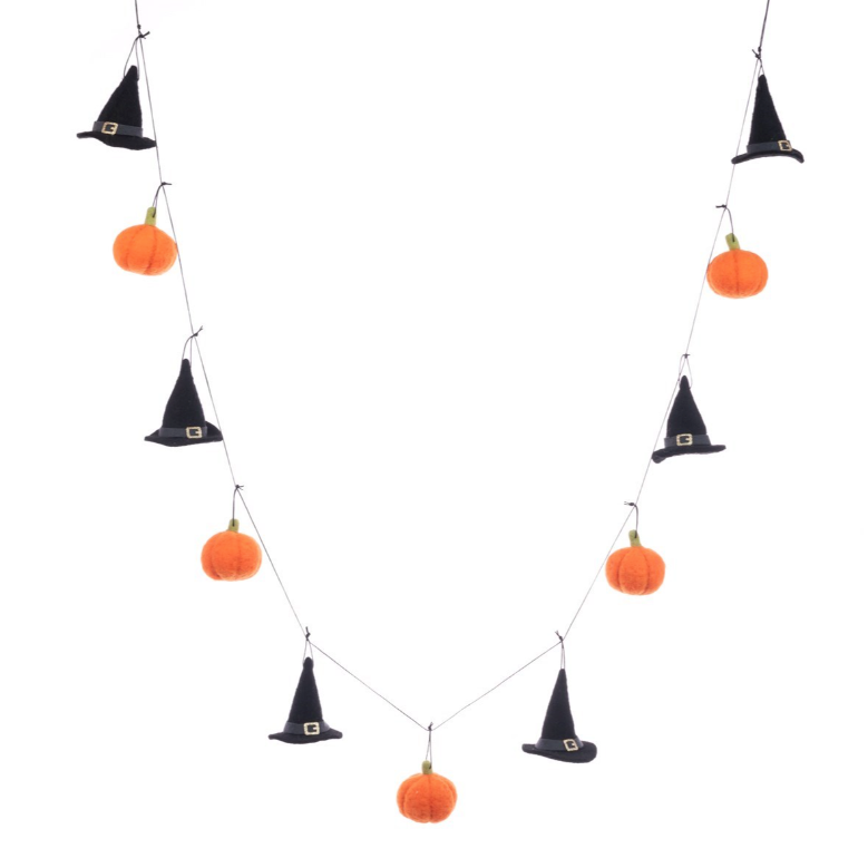 Silk Halloween witch and pumpkin garland from Cornucopia Home and Gift, featuring festive witch and pumpkin floral decorations.