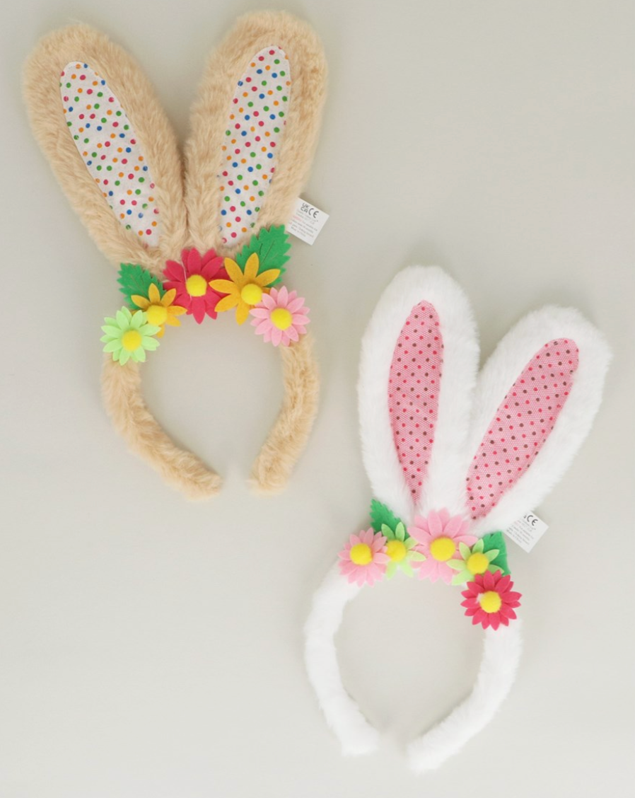 Gisela Graham Easter faux fur bunny ears headband with colorful flowers, perfect for festive spring celebrations.