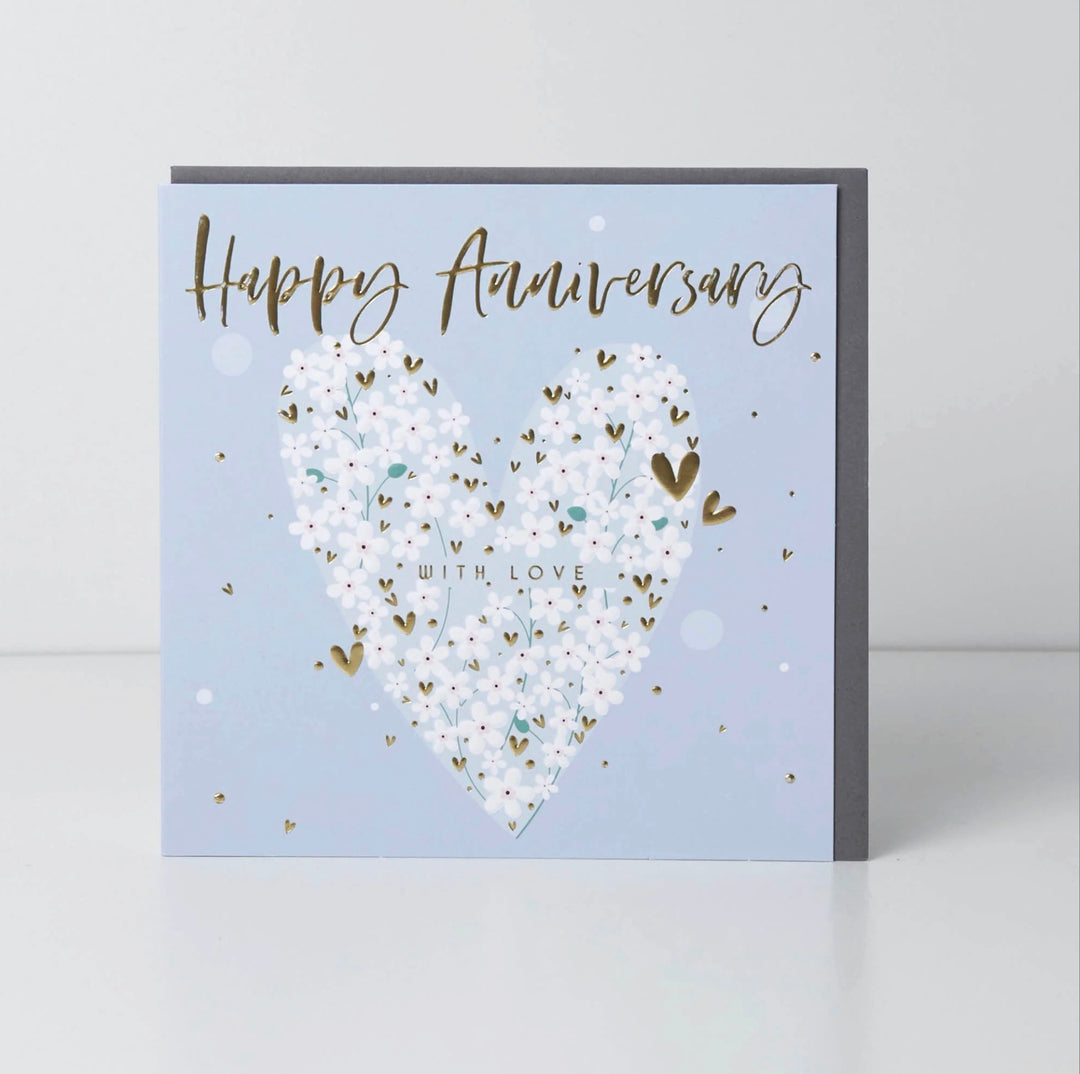 Belly button anniversary heart card with floral design from Cornucopia Home and Gift, featuring decorative heart and celebratory message.