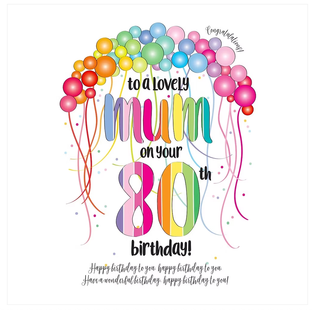 Illustration of a cheerful 80th birthday card featuring a mum with colorful floral designs, by Wendy Jones-Blackett for Cornucopia Home and Gift.