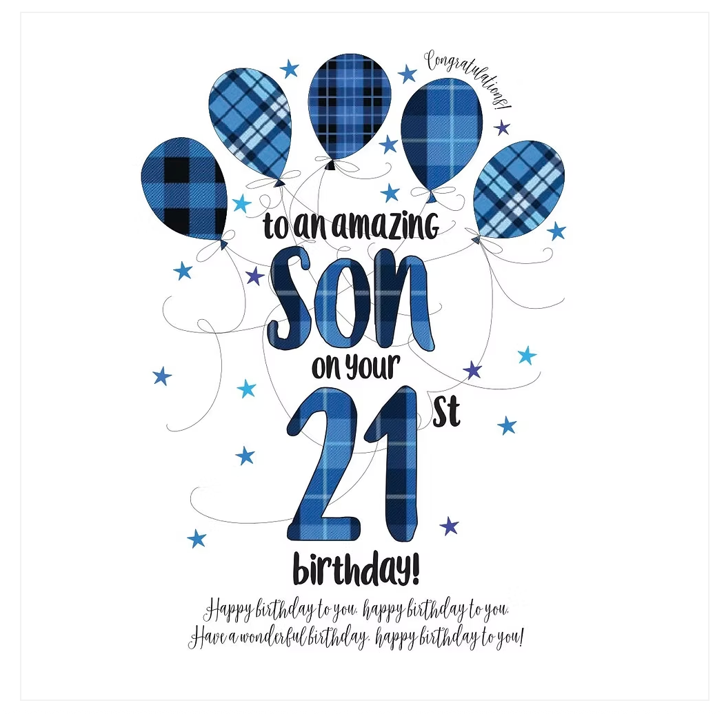 21st Son greeting card by Wendy Jones-Blackett for Cornucopia Home and Gift, featuring colorful, playful illustration.
