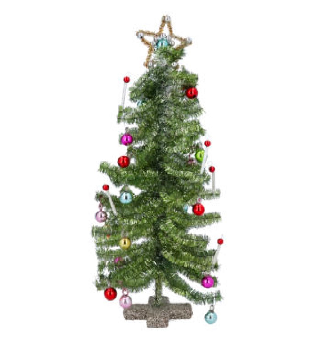 Green Tinsel Christmas Tree with Decorations 30cm