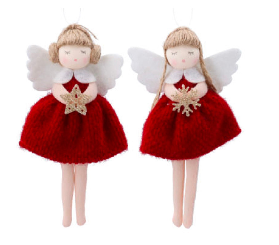 Fabric Angel Christmas Decoration 16cm Red Dress and White Wings (Design May Vary)