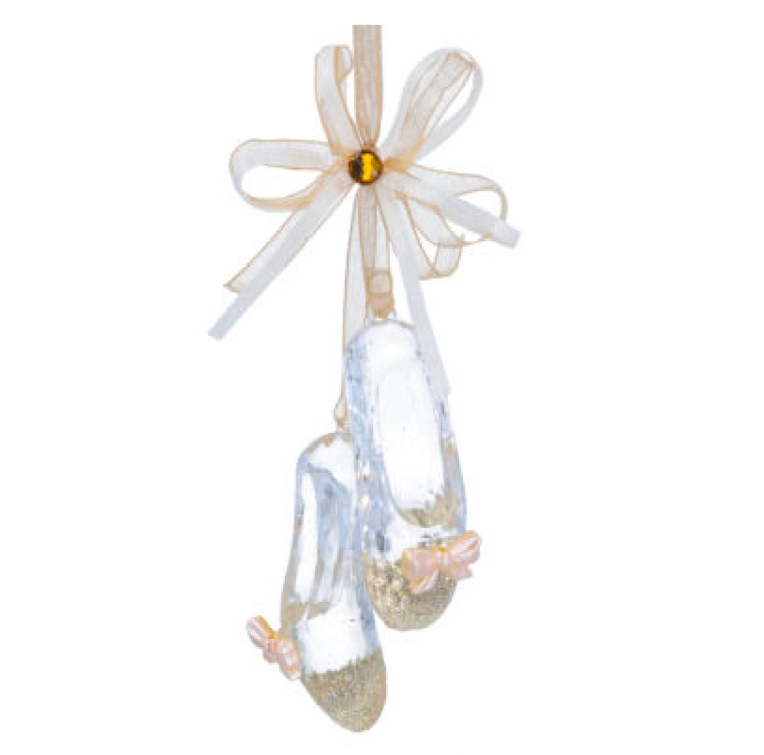 Clear Acrylic Ballet Shoes Christmas Decoration with Gold Ribbon