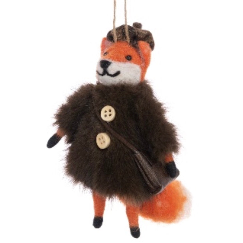 Felt Fancy Fox in Fur Coat and Hat Hanging Decoration - 14 cm