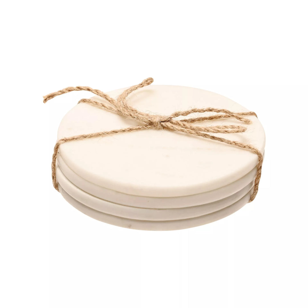 Set of 4 white marble coasters by Cornucopia Home and Gift, stylish and durable drink coasters for home decor.
