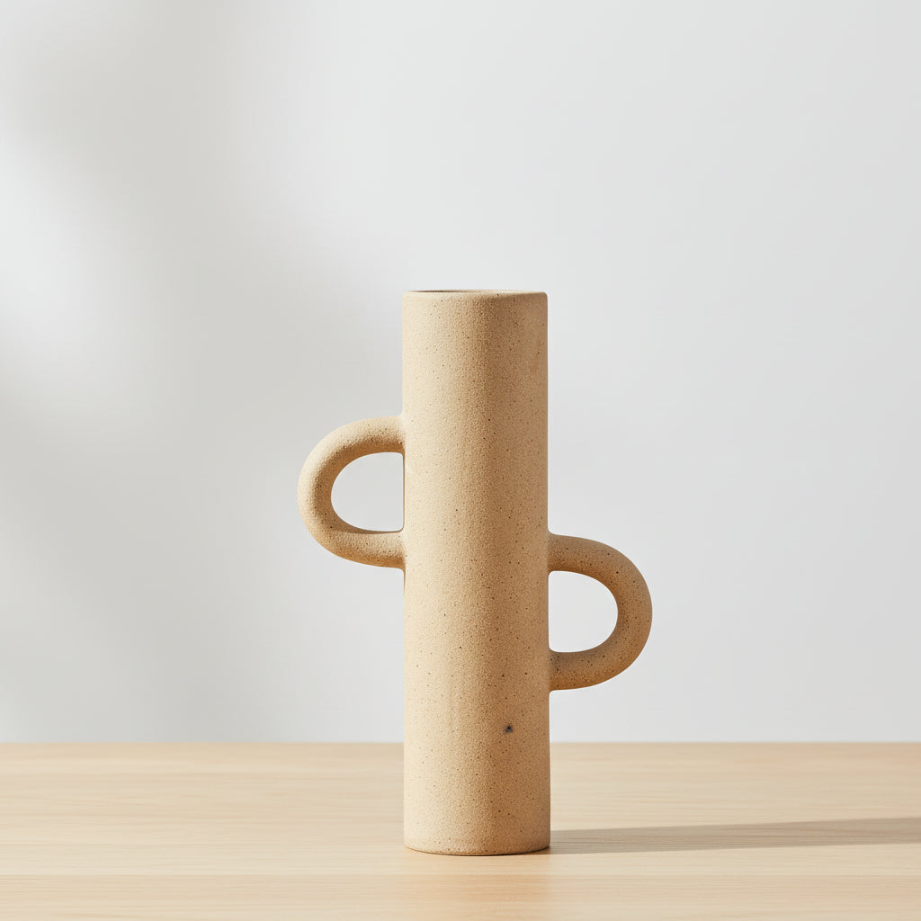 Large Sigga Vase in oatmeal color from Cornucopia Home and Gift, showing its textured ceramic surface and elegant shape.