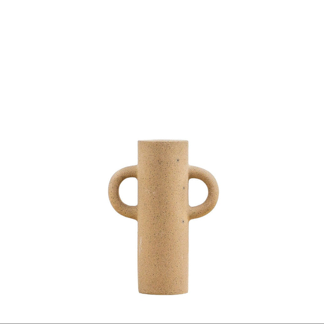 Small oatmeal-colored Sigga vase by Cornucopia Home and Gift, with a sleek, rounded ceramic design perfect for decorative displays.